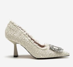 Brudtärna Designer Sequined Rhinestone Buckle Shallow Mouth Slip-On Lady Party Single Shoes Högkvalitativ 1988 1578