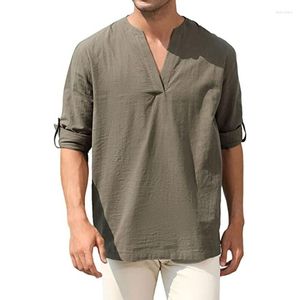 Мужские повседневные рубашки, поступление 2023, мужские пляжные хлопковые льняные топы, умная белая, серая рубашка с V-образным вырезом и длинным рукавом, рубашка Генри, Roupas Femininas