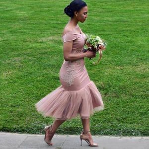 Пыльно-розовые африканские платья подружки невесты с русалкой, сексуальные платья 2023 с открытыми плечами, длиной до чая, платья подружки невесты, короткие коктейльные платья