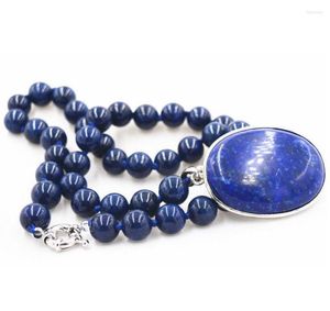 Correntes Moda Jóias Linda 10mm Azul Lapis Lazuli Beads 30x40mm Pingente Colar 18 