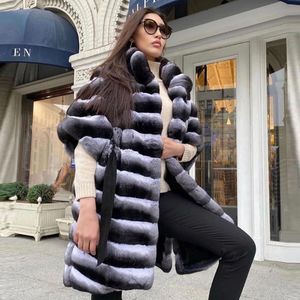 Womens Fur Faux 80cm Long Real Rex Rabbit Coats For Women Genuine Full Pelt Chinchilla Color Jackets Stand Collar 230921