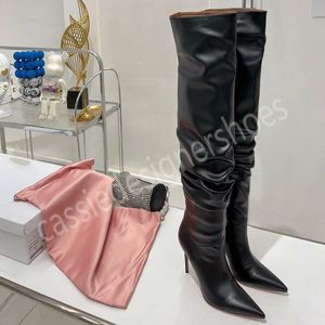 Amina Stivali a spillo Donna Pelle verniciata Inverno Barche lunghe Scarpe firmate di marca di lusso Donna Muaddi Slip On Sexy Tacco alto Calzature di fabbrica Taglia 35-42 Sopra il ginocchio