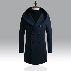 Men's Wool Blends 2023 AutumnWinter men's coat jacket tweed long woolen slim hooded trench 230921