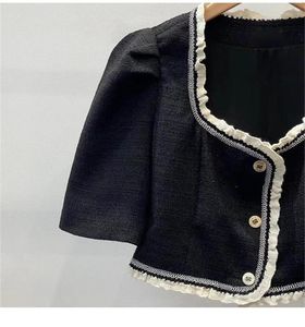 Giacche da donna 2023 Giacca corta in camicetta con collo quadrato Autunno Tweed con maniche laterali in legno con orecchio