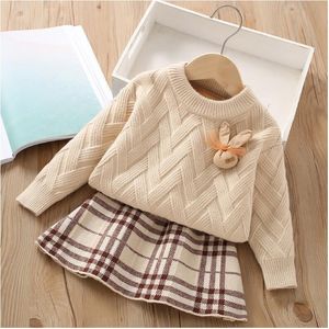 Spring Autumn Baby Girls Sticked Clothing Set Kids Long Sleeve Sticked Sweaters+Plaid kjolar 2st Set Children Outfits Girl Suit