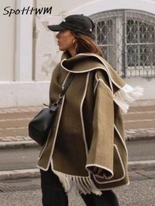 Cappotto misto donna con sciarpa con nappa Autunno inverno manica lunga allentata giacche monopetto moda femminile abbina tutti i vestiti caldi della donna 230922