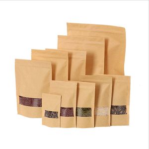 Brown Kraft Paper Bags Clear Window Zipper Retail Mylar Stand Up Pouch For Cookies Snack Candy Coffee Bean Powder Christmas Nuts Tea Seeds Gifts Packaging Storage