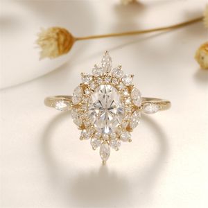 Anéis de casamento CxsJeremy Luxo Sólido 14k 585 YellowGold Oval Cut 1CT Anel de Noivado para Mulheres Jóias Finas Antique Flower Band 230921