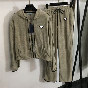 Metal Badge Coats Casual Pants Tracksuits Women Sports Suits Long Sleeve Hooded Zipper Jacket Sports Pant Two Piece