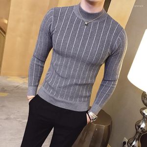 Мужские свитера, пуловеры, 2024, корейские повседневные полосатые однотонные мужские эластичные обтягивающие облегающие вязаные топы с полувысоким воротником