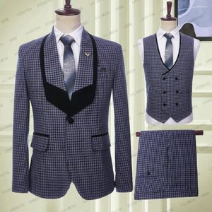 Ternos masculinos 2023 moda negócios grande colarinho preto casual azul escuro xadrez masculino um botão 3 pçs conjunto blazers jaqueta calças colete