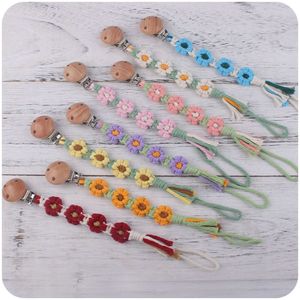 Handmade Woven Flower Infant Pacifier Chain Cotton Rope Soother Dummy Holder Chain Anti-Drop Nursing Wooden Baby Nipple Clip