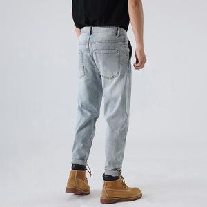 Jeans da uomo Pantaloni in denim di cotone elasticizzato a vita media retrò giapponese da uomo azzurro retrò piccoli streetwear