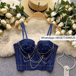 Bretelle Gilet francese con nappe tempestate di diamanti per le donne estate sexy reggiseno interno corto piccante ragazza cinturino in denim top 230921