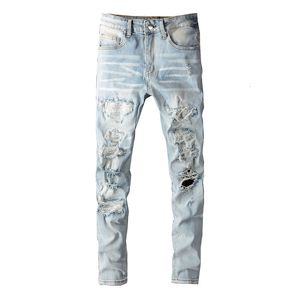 Mens Jeans Men Crystal Holes Ripped Patchwork Streetwear Light Blue Denim Slim Skinny Pencil Pants Trousers 230922