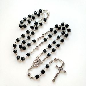 Pendant Necklaces CottvoOur Lady Of N. S. De Fatima Medal Crucifix Cross Rosary Necklace Black Square Crystal Beads Chain Pray Chaplet