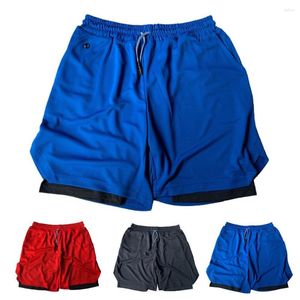 Running Shorts Men Double Layer Drawstring Fake Two Piece Breathable Cell Phone Pocket Elastic Waist Knee Length For Training