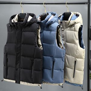 Gilet da uomo # 3693 Nero Blu Kaki Giacca senza maniche da uomo Cappello staccabile Caldo spesso Capispalla con cappuccio Gilet con cerniera Giù inverno