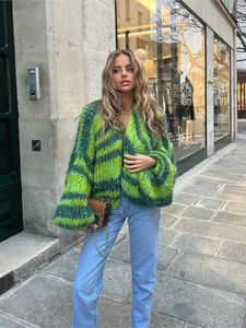 Women's Sweaters Knits Tees Green Stripe Crochet Knitted Cardigan Sweater Lantern Sleeve Oversize Coat 2023 Autumn Fashion Lady Streetwear 230922