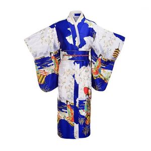 Blue Woman Lady Japanese Tradition Yukata Kimono Bath Robe klänning med Obi Flower Vintage Evening Party Dress Cosplay Costume1305R