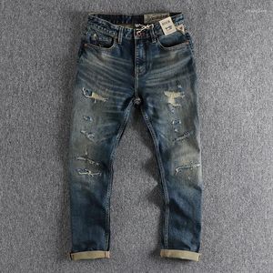 Herrenjeans Selvedge Denim für Männer Kleidung Löcher geflickt Retro gewaschene Cargohose Distressed Roll Up Hose Freizeitkleidung Übergroß