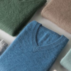 Mens Sweaters Clássico 100% Mink Cashmere Cor Sólida VNeck Casual Malha Pulôveres Inverno Homens Manga Longa Jumper Quente 230922