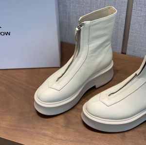The row 5A white smooth Leather Ankle Chelsea Boots platform zip slip-on round Toe block heels Flat Wedges booties chunky boot luxury JOLP FDZ9