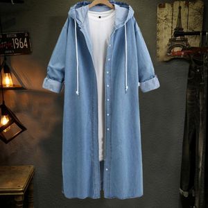 Mulheres mistura de denim jaqueta completa manga solta com capuz mulheres casaco longo cardigan único breasted tornozelo comprimento windbreak outwear streetwear 230922