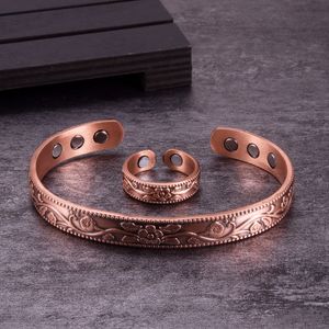 Wedding Jewelry Sets Jewelry Set Magnetic Pure Copper Bracelet Ring Adjustable Vintage Flower Health Energy Arthritis Set for Women Men 230922