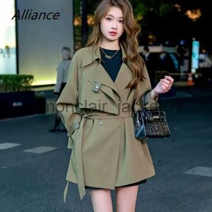 Women's Wool Blends Spring and Autumn Women Mid-length Trench Coat Commute Fashion Frenulum Slim Jacket Little Chap Military Green Windbreak Female J230922