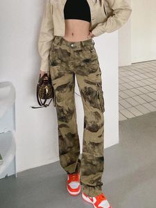 Pantaloni da donna Retro Verde militare Vita bassa Pantaloni jeans larghi dritti mimetici Autunno Baggy Abbigliamento da lavoro Y2k Abbigliamento Streetwear 230921