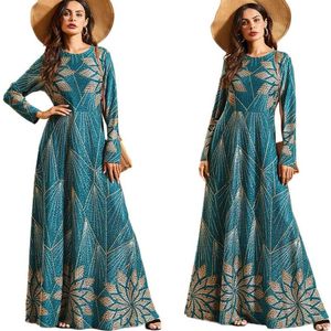 Mulheres muçulmanas impresso vestido longo elegante malha maxi robe comprimento total manga longa o pescoço vestido dubai abaya kaftan árabe jilbab new286s