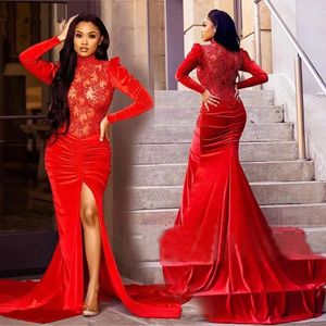 Evening Dresses Red Prom Party Gown Mermaid Long Sleeve New Custom Plus Size Zipper Lace Up Applique High Neck Satin Thigh-High Slits