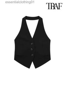 Coletes femininas traf mulheres moda sem costas halter pescoço colete sexy sem mangas botão-up feminino outerwear chique colete tops l230922