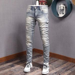 Jeans masculinos designer de moda homens de alta qualidade retro luz azul liso lavado slim fit rasgado remendado calças jeans vintage