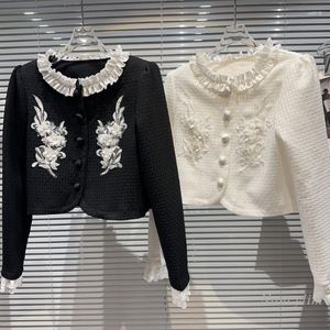 女性用ジャケットフォールフォールフォールウィメン2023フランススタイルのプリーツ刺繍ネックラインフラワーデザイン気質ツイードレディ