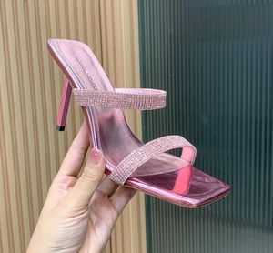 Amina Muaddi Rhinestone Zinciri Square-Toe Terlik Stiletto Topuk Sandalet 11cm Kadın Tasarımcıları Sandalet En Kalite Akşam Partisi Nedime