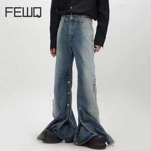 Mens Jeans Fewq Metal Button Design Wide Ben Loose Floor Slam Pants Split Hem Mane Trousers Korean Fashion 24x1484 230922