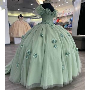 Mint zielony z ramion 3D Flowers Ball suknie quinceanera sukienki kryształowy koronkowy koronkowy gorset słodki 15 vestidos de 15 anos imprezowy