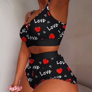 Seksi Pijama Kadınlar 2 Parçası Kawaii Çilek Baskı Fırfır Kami Pijama Seti Femme Sevimli Mahsul Top Şort Takımları 230922