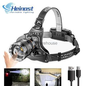 Huvudlampor Hög kraftfull zoomsensor Strålkastare XHP50 Super Bright Outdoor Headlight Torch ficklampa USB -laddningsbart ljus fiske Ljus HKD230922