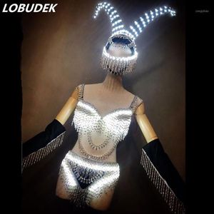 Stage Wear LED Rhinestones Bikini DJ Jazz Dance Costume Luminous Crystals Bra Shorts Tassels Gloves Set Outfit Nightclub Clothes12938