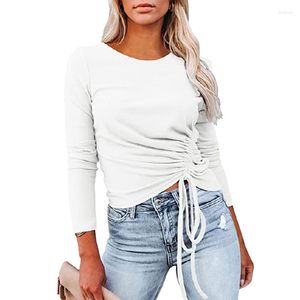 Kvinnors T-skjortor Autumn och Winter Ribbed Solid Color Long-Sleeved Round Neck Drawstring Fashion T-Shirt Women