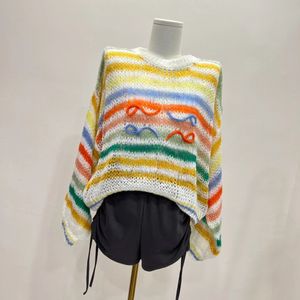 Maglione Loewew di alta qualità Pantaloni jeans Loewve per le donne con grafica a strisce arcobaleno Designer di moda maglioni lavorati a maglia Maglione jeans di marca Harajuku Street 1108