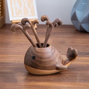 Gorks North America Black Walnut Solid Wood Cute Dancing Whale Fruit Toothpick Wood Cake dessert Fork Creative Table Seary