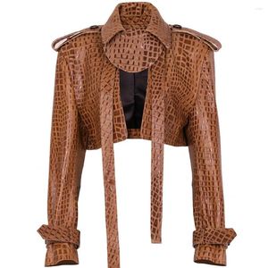 Women's Leather YOLOAgain Croc Pattern Jacket Women 2023 Autumn Genuine Cropped Ladies