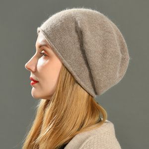 Beanie/Kafatası Kapakları Kadınlar Eğik Beanies Kafatasları Yüksek Kaliteli Katı Kaşmir Yün Örgü Beanie Şapka Kız Kış Sıcak Bonnet Açık 230921