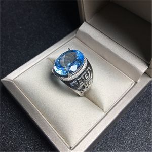 Anéis de casamento Bocai Real s925 Jóias de prata incrustadas com topázio azul homem anel elegante e simples oco presente de dia dos namorados 230922