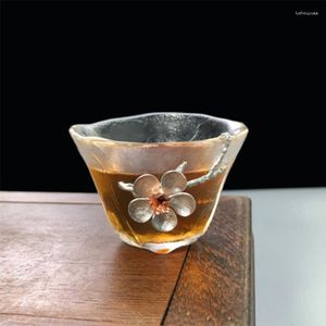 Çay Bardakları 60ml Japon Çekiç Dokulu Cam Kupa Isıya Dayanıklı Set Retro Gümüş Kakma Desen