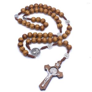Collane con ciondolo Perline di legno Collana con croce di rosario per donne Uomini Cristiani Vergine Maria INRI Catena Gioielli di moda religione